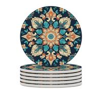 6PCS Vintage Mandala Flowers Coasters Non-Slip Round Drink Coasters with Ceramic Stone and Cork Base, Heat Resistant Absorbent 33.00Stone Coaster Set for Kinds of Mugs and Cups, 4 Inch