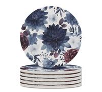 6PCS Watercolor Dark Blue Pattern Coasters Non-Slip Round Drink Coasters with Ceramic Stone and Cork Base, Heat Resistant Absorbent 33.00Stone Coaster Set for Kinds of Mugs and Cups, 4 Inch