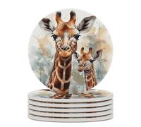 6PCS Watercolor Deer Giraffe Coasters Non-Slip Round Drink Coasters with Ceramic Stone and Cork Base, Heat Resistant Absorbent 33.00Stone Coaster Set for Kinds of Mugs and Cups, 4 Inch