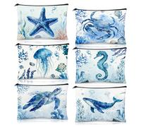 6Pcs Watercolor Ocean Makeup Bag Set Blue Canvas Travel Cosmetic Pouches Sea Turtle Whale Starfish Jellyfish Beach Theme Toiletry Organizer Bulk Summer Party Favors Marine Life Gifts For Women Girls