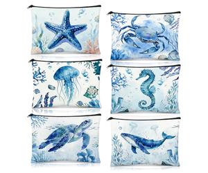 6Pcs Watercolor Ocean Makeup Bag Set Blue Canvas Travel Cosmetic Pouches Sea Turtle Whale Starfish Jellyfish Beach Theme Toiletry Organizer Bulk Summer Party Favors Marine Life Gifts For Women Girls