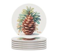 6PCS Watercolor Pine Cone Coasters Non-Slip Round Drink Coasters with Ceramic Stone and Cork Base, Heat Resistant Absorbent 33.00Stone Coaster Set for Kinds of Mugs and Cups, 4 Inch