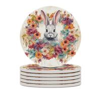 6PCS Watercolor Rabbit and Flowers Coasters Non-Slip Round Drink Coasters with Ceramic Stone and Cork Base, Heat Resistant Absorbent 33.00Stone Coaster Set for Kinds of Mugs and Cups, 4 Inch