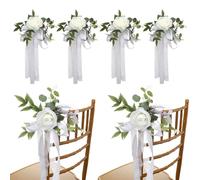 6Pcs Wedding Aisle Decor Rose Wedding Flowers Decorations Pew Flowers with Leaves and Ribbons Artificial Flowers for Wedding Ceremony Party Chair Church Bench White, Wedding Flowers Decorations