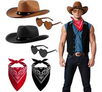 6Pcs Western Cowboy Costume Accessory Set, Cowboy Fancy Dress Accessory Kit with Hat Heart-Shaped Sunglasses Paisley Bandanas for Adults Halloween Carnival Parties