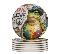 6PCS Western Cowboy Frog Coasters Non-Slip Round Drink Coasters with Ceramic Stone and Cork Base, Heat Resistant Absorbent 33.00Stone Coaster Set for Kinds of Mugs and Cups, 4 Inch