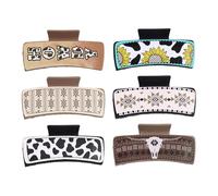 6Pcs Western Leather Hair Claw Clips, Square Claw Hairpins with 6 Patterns, Southwest Hairstyling Print Cowhide Hair Accessories, Large Aesthetic Hairgrips for Thin Thick Hair, Present for Women Girls