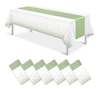 6Pcs White and Sage Green Tablecloth Decorations,Plastic White Table Cloth Printed Green Table Runner Disposable Rectangle Table Cover for Birthday Wedding Anniversary Graduation Party,54 x108 Inch