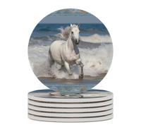 6PCS White Horse Running on The Sea Coasters Non-Slip Round Drink Coasters with Ceramic Stone and Cork Base, Heat Resistant Absorbent 33.00Stone Coaster Set for Kinds of Mugs and Cups, 4 Inch