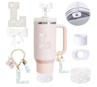 6PCS White Stanley Cup Accessories Set Fit for Stanley Cup 30oz 40oz. Including Handle Charm, Personalized Initial Sticker, Straw Topper, Sparkly Silicone Boot, Spill Proof Stopper (Letter-L)
