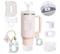 6PCS White Stanley Cup Accessories Set Fit for Stanley Cup 30oz 40oz. Including Handle Charm, Personalized Initial Sticker, Straw Topper, Sparkly Silicone Boot, Spill Proof Stopper (Letter-D)