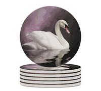 6PCS White Swan Coasters Non-Slip Round Drink Coasters with Ceramic Stone and Cork Base, Heat Resistant Absorbent 33.00Stone Coaster Set for Kinds of Mugs and Cups, 4 Inch