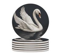 6PCS White Swan Coasters Non-Slip Round Drink Coasters with Ceramic Stone and Cork Base, Heat Resistant Absorbent 33.00Stone Coaster Set for Kinds of Mugs and Cups, 4 Inch