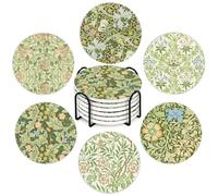 6pcs William Morris Floral Coasters with Holder Vintage Flower Leaves Drink Coasters Retro Greenery Ceramic Cup Mats Boxed for Holiday Party Home Office Table