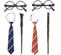 6pcs Wizard Costume Accessories Set, Wizard Wand with Tie, Black Glasses, Wizard Theme Party Carnival Cosplay Outfit Set, for World Book Day, Easter Halloween Girls Boys