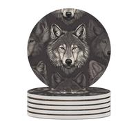 6PCS Wolf Head Pattern Coasters Non-Slip Round Drink Coasters with Ceramic Stone and Cork Base, Heat Resistant Absorbent 33.00Stone Coaster Set for Kinds of Mugs and Cups, 4 Inch