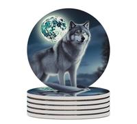 6PCS Wolf Under Moon Coasters Non-Slip Round Drink Coasters with Ceramic Stone and Cork Base, Heat Resistant Absorbent 33.00Stone Coaster Set for Kinds of Mugs and Cups, 4 Inch