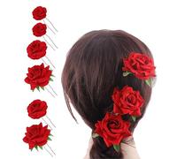 6PCS Women Red Rose Flower Hairpins Hair Fork Clips U Shaped Bridal Head Bobby Pins Sticks Floral Clips Mexican Hair Rose Barrettes for Lady Girls Wedding Party Dance (Small, Medium, Large)