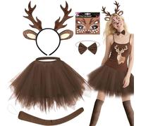 6Pcs Women Reindeer Costume Set, Fancy Deer Accessories with Antler Headband Face Sticker Tutu Skirt Bow Tie Tail Socks for Girls Ladies Halloween Christmas Carnival Cosplay Elves Party Dress up