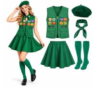 6PCS Women Scout Costume Green Vest Skirt Outfit Halloween Cosplay Uniform | Multi-Pocket Vest, Pleated Skirt, Beret, Satin Scarf, Thigh-High Socks, 8 Pin-Back Badges, for Party S-XL