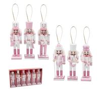 6pcs Wooden Nutcracker Ornaments, 12cm Mini Pink Puppet, Painted Hanging Pine Wood Christmas Soldier Doll Pendant for Classic Traditional Tree Party Decoration