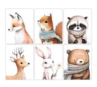 6pcs Woodland Animal Canvas Wall Art Nursery Cute Animal Canvas Art Wall Decor Deer Bear Rabbit Fox Squirrel Raccoon Posters Prints for Wall Decor Unframed for Kids Bedroom, 8 x 10in