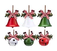 6PCS Xmas Bells Ornaments Decoration with Berry Plaid Bow Home Tree Deocation