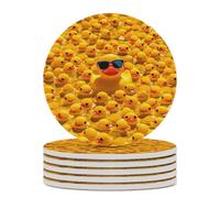 6PCS Yellow Rubber Ducky with Sunglasses Coasters Non-Slip Round Drink Coasters with Ceramic Stone and Cork Base, Heat Resistant Absorbent 33.00Stone Coaster Set for Kinds of Mugs and Cups, 4 Inch