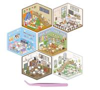 6sets DIY 3D House Stickers, Fun 3D Sticker Scene with Tweezers, Make Your Own Stickers, Cute Cartoon Scene Stickers for Adult Children, Miniature Sticker Scene for Relief Stress Pass The Time