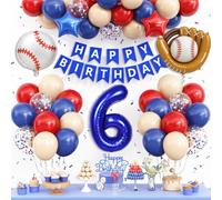 6th Baseball Birthday Decorations for Boys,Navy Blue Red Nude Balloons Party Decorations Banner 40-Inch Number 6 Foil Balloons Baseball Glove Cake Topper Sport Party Supplies for Kids
