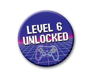 6th Birthday Badge - 76mm Level 6 Unlocked Pin Badge Button Video Game Birthday Gift for Boys