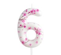 6th Birthday Candle Cherry Blossom Number 6 Candle Cherry Blossom Cake Decoration Birthday Party Supplies White Pink Sakura Themed Cake Topper Decoration for Kids Boy Girl Party Decor Supplies
