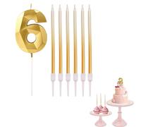 6th Birthday Candle Gold Number 6 Candle for Birthday Cake with Gold Long Candles, Gold 6 Candle for Cake Birthday Cake Topper Decorations for Girls Boys Birthday Wedding Anniversary Party
