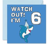 6th Birthday Card Boy - Shark Watch Out - Happy Birthday Card 6 Year Old Boy, Boys Cards for Him, 145mm Greeting for Son Brother Grandson Nephew Cousin God Son