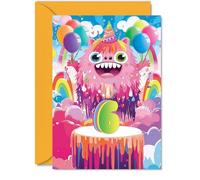 6th Birthday Card Boys Girls - Little Monster Party - Happy Birthday Card for 6 Year Old Boy Girl Kids, 5x7 Inch Six Sixth Bday Cake Greeting Cards