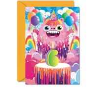 6th Birthday Card Boys Girls - Little Monster Party - Happy Birthday Card for 6 Year Old Boy Girl Kids, A5 Six Sixth Bday Cake Greeting Cards
