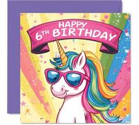 6th Birthday Card - Cool Unicorn Sunglasses - Unicorn Birthday Card for 6 Year Old Girl, Age 6 Birthday Cards Sixth Birthday Card, 145mm x 145mm Cute Greeting Card