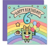 6th Birthday Card - Cute Rainbow Present Balloons Cake - Happy Birthday Cards for Age 6 Boys Girls Boy Girl, 145mm Bday Greeting Cards