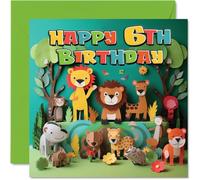 6th Birthday Card for Boys Girls - Jungle Animals - Happy Birthday Card 6 Year Old Boy Girl, Cards for Him Her, 145mm Greeting Cards Nephew Niece Children Kids (NOT 3D POP UP)