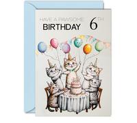 6th Birthday Card for Boys Girls - Pawsome Party Cats Balloons - Happy Birthday Cards for 6 Year Old Boy Girl, 5x7 Inch Cat Bday Greeting Cards