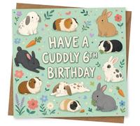 6th Birthday Card for Child, Have a Cuddly Birthday | For a Child’s 6th: playful rabbits and guinea pigs around ‘Have a Cuddly 6th Birthday’, with flowers and hearts.