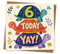 6th Birthday Card for Child, Turtle Stack 6 Today Yay! | For a 6th birthday: three colourful turtles stacked up with a huge “6” and playful “TODAY YAY!” slogan.