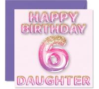 6th Birthday Card for Daughter - Pink & Purple Glitter Balloons - Happy Birthday Cards for 6 Year Old Daughter from Mum Dad Mummy Daddy Parents, 145mm Bday Greeting Cards Gift