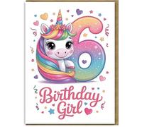6th Birthday Card for Girl - Cute Rainbow Unicorn with Hearts & Stars - Birthday Girl Design - Large A5 Size - Includes Kraft Envelope - For Daughter, Granddaughter, Niece