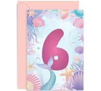 6th Birthday Card for Girl - Daughter Birthday Card Age Six - Milestone Baby Greeting Cards 6 Year Old - Mermaid Shells Coral Birthday Card for Kids - Under Sea Sixth Bday