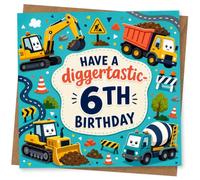 6th Birthday Card for Girl, Digger-Tastic Trucks & Roadworks | Fun roadworks details with diggers and dump trucks, plus the wording “Have a digger-tastic 6th birthday” for Girl.