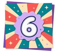 6th Birthday Card for Girl, Retro Burst Number 6 | Bright retro burst rays, sparkle stars and a bold number 6 create a playful look for a 6th birthday girl.