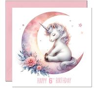 6th Birthday Card for Girls - Beautiful Crescent Moon & Unicorn Birthday Card for 6 Year old Kids six, sixth