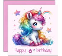 6th Birthday Card for Girls - Children's Pink Girls Rainbow Unicorn Birthday Card for 6 Year old Kids six, sixth