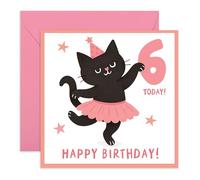6th Birthday Card for Girls - Cute Black Cat in Tutu - Age 6 Birthday Card for Her, Daughter, Granddaughter, Niece, Kids- Greeting Present, Ballet Dance - Comes with Fun Stickers